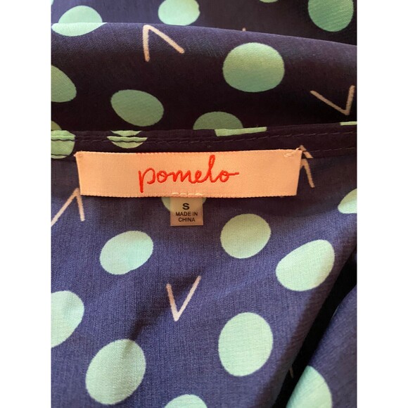 Pomelo Blouse size S Navy Green Tan Polka Dots - Picture 4 of 5